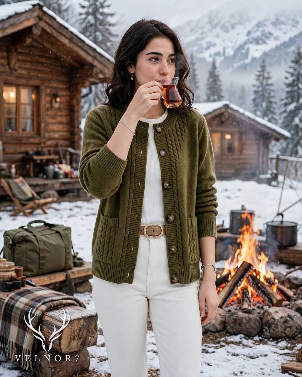 Model wearing the olive green cable knit cardigan beside a fire at a snowbound cabin
